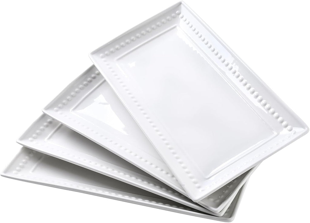 14 inch Ceramic Serving Platter - Rectangular Serving Trays Set of 4, Large Embossed Plates, Porcelain White Platters for Steak, Appetizer, Dessert, Tacos, Housewarming, Oven Dishwasher Safe