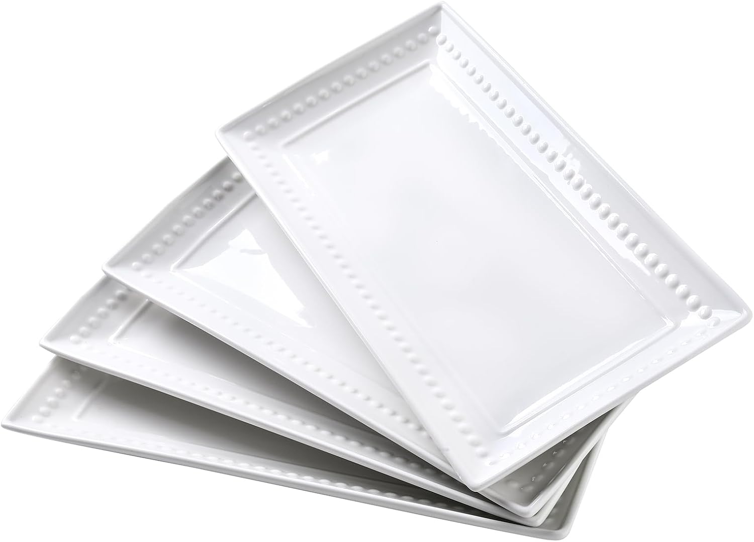 14 inch Ceramic Serving Platter - Rectangular Serving Trays Set of 4, Large Embossed Plates, Porcelain White Platters for Steak, Appetizer, Dessert, Tacos, Housewarming, Oven Dishwasher Safe