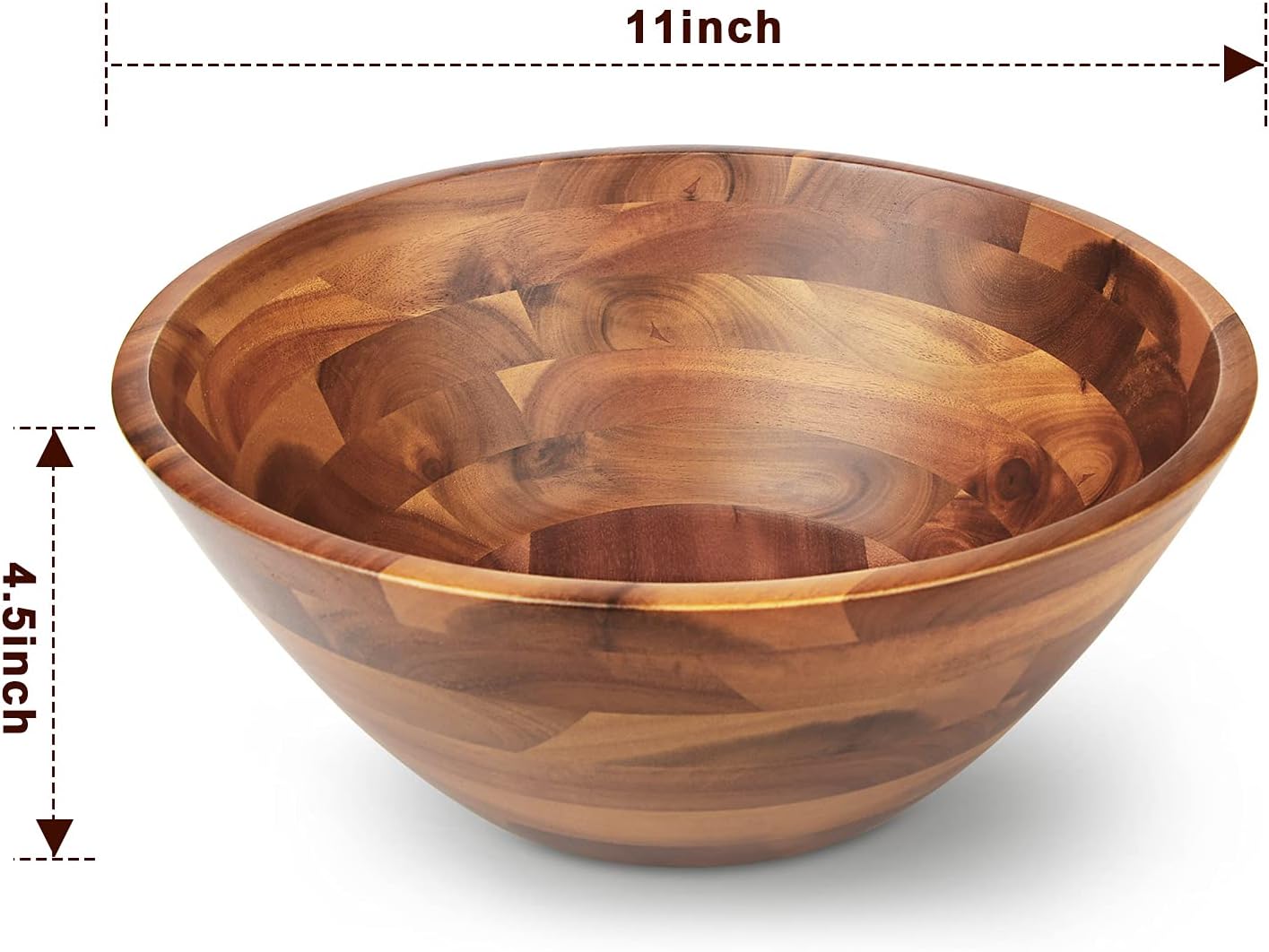 Acacia Wood Serving Bowl for Fruits or Salads, 11" Diameter x 4.5" Height, Wooden Single Salad Bowl