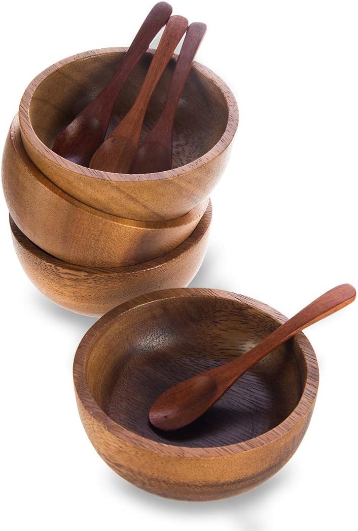 Small Round Wood Bowls 4 Pcs 3¾" Diameter 1½" High Stackable Acacia Wooden Bowl Set with 4 spoons for serving salad salsa dip sauce snack cereal fruit Decor Tableware Side Dish Sets