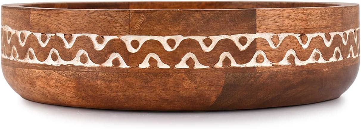 Mango Wood Round White Decorative Bowls for Rustic Home Decor Table Centerpieces Home Party Wedding Décor (10" x 10" x 2.5")