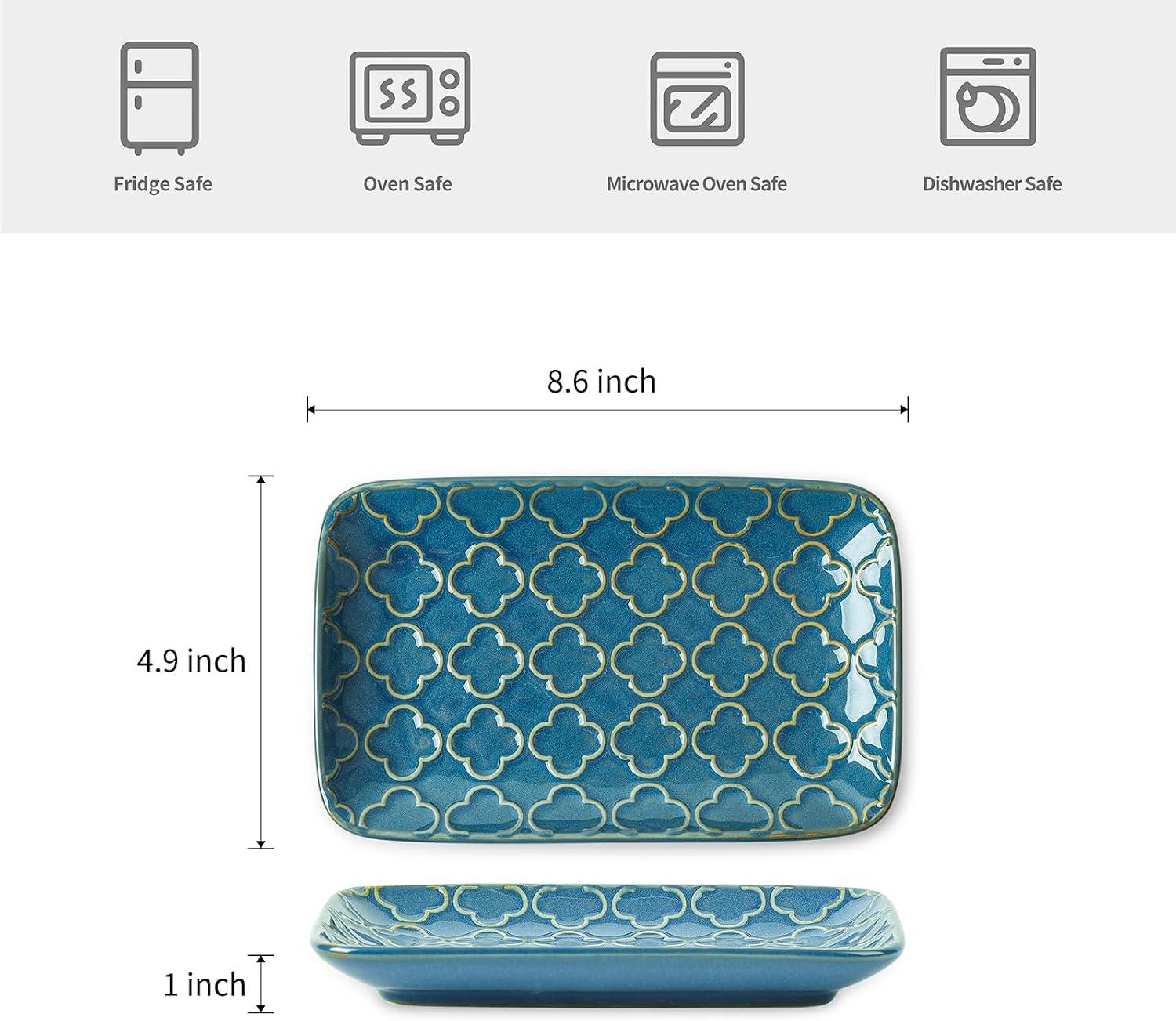 Ceramic Salad Plates, Rectangular Appetizer Plates 8 inch, Small Serving Plates for Entertaining, Small Dinner Plates Set for Dessert, Sushi, Embossed Porcelain Dish, Set of 4, Blue