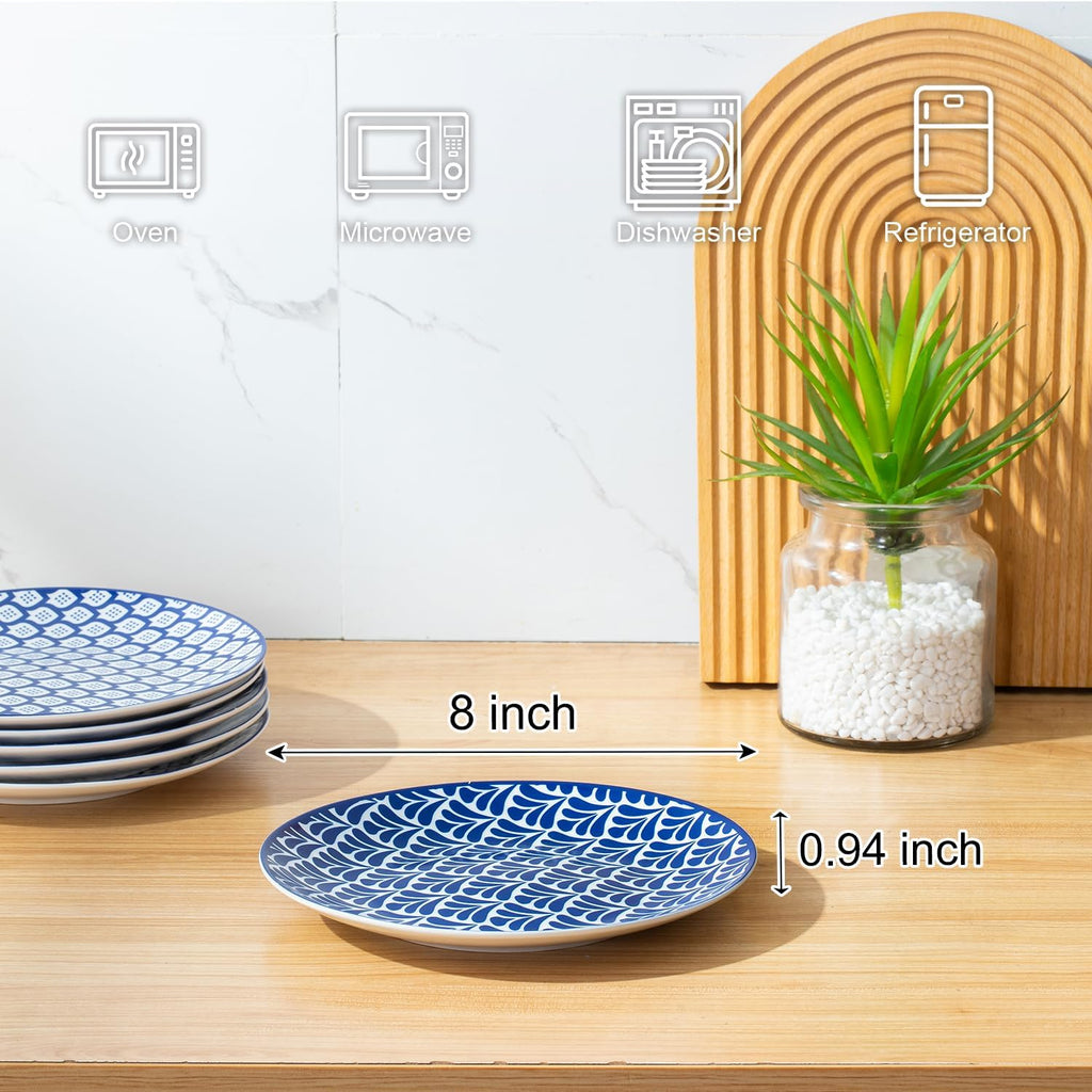 Porcelain Dinner Plates Set of 6, 8 Inch Ceramic Plates - Blue and White Vintage Design for Salad, Pasta, Steak - Scratch, Chip Resistant, Dishwasher & Microwave Safe