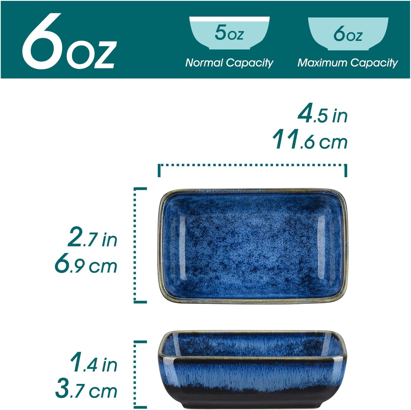 6 Oz Dipping Bowls, 4.5 Inches Ceramic Soy Sauce Dish, Rectangular Side Dishes, Small Appetizer Plates Set of 4