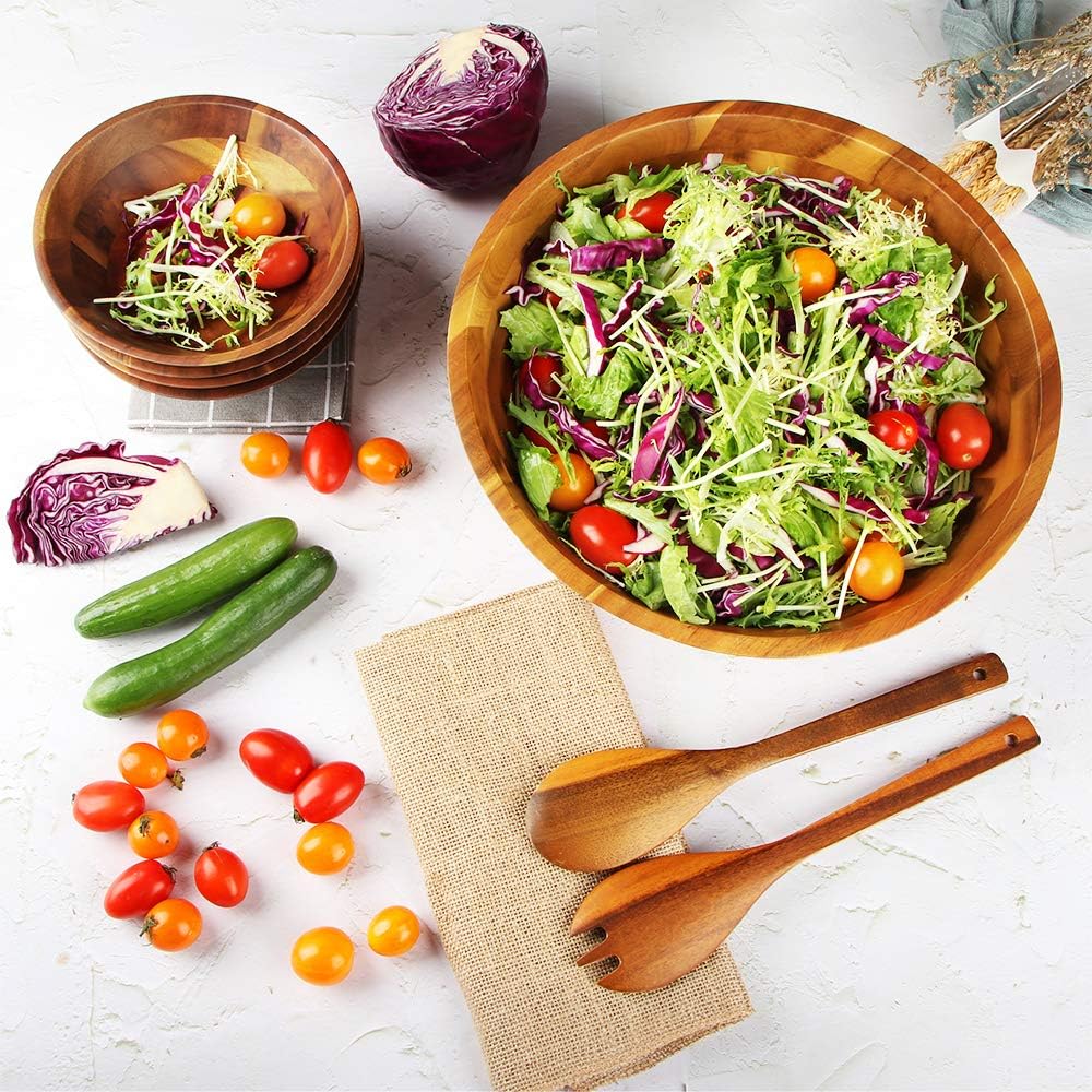Salad Bowls, Wooden Salad Bowls Set, Large Acacia Wood Serving Bowl for Fruits, Salad, 12.5" Big Salad Bowl with Serving Utensils