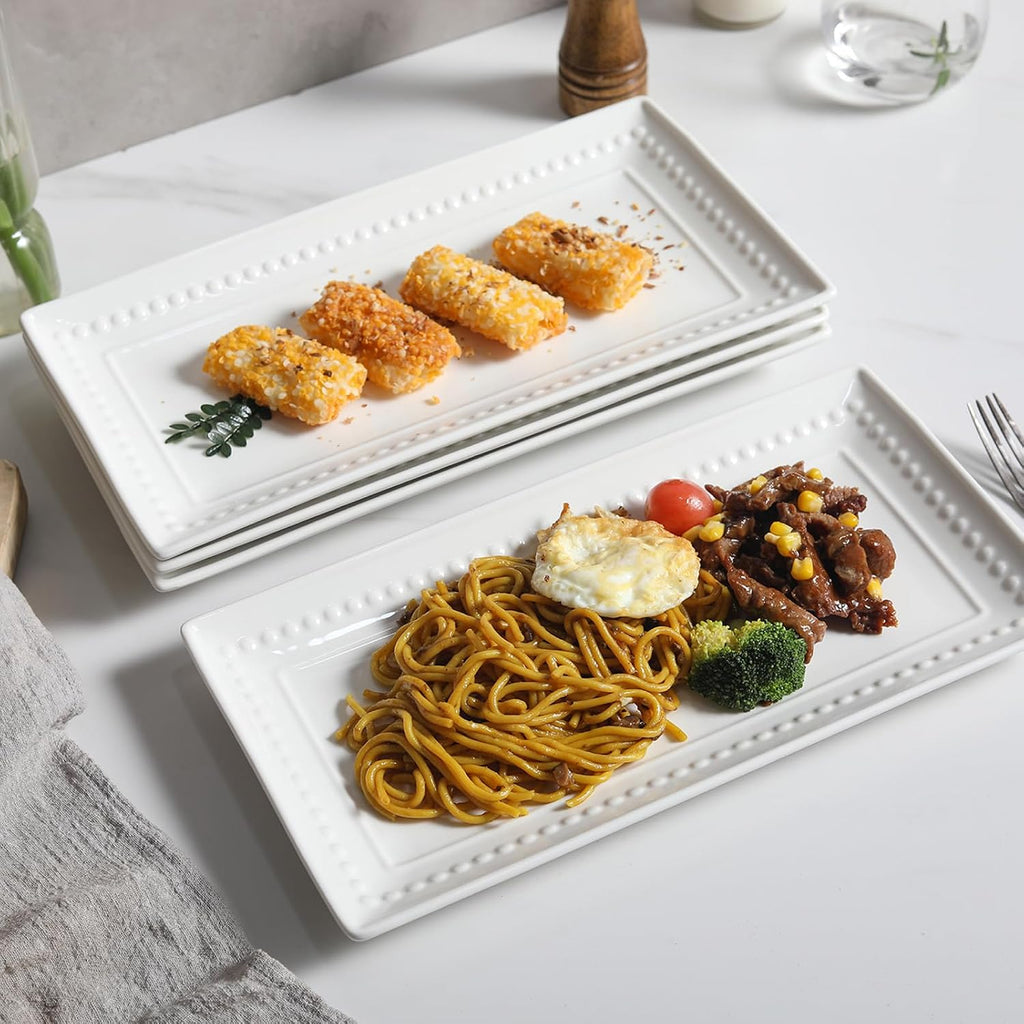 14 inch Ceramic Serving Platter - Rectangular Serving Trays Set of 4, Large Embossed Plates, Porcelain White Platters for Steak, Appetizer, Dessert, Tacos, Housewarming, Oven Dishwasher Safe