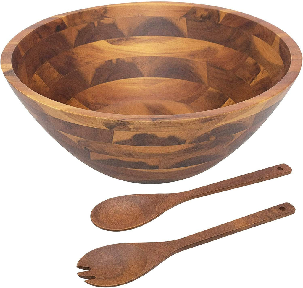 Salad Bowls, Wooden Salad Bowls Set, Large Acacia Wood Serving Bowl for Fruits, Salad, 12.5" Big Salad Bowl with Serving Utensils
