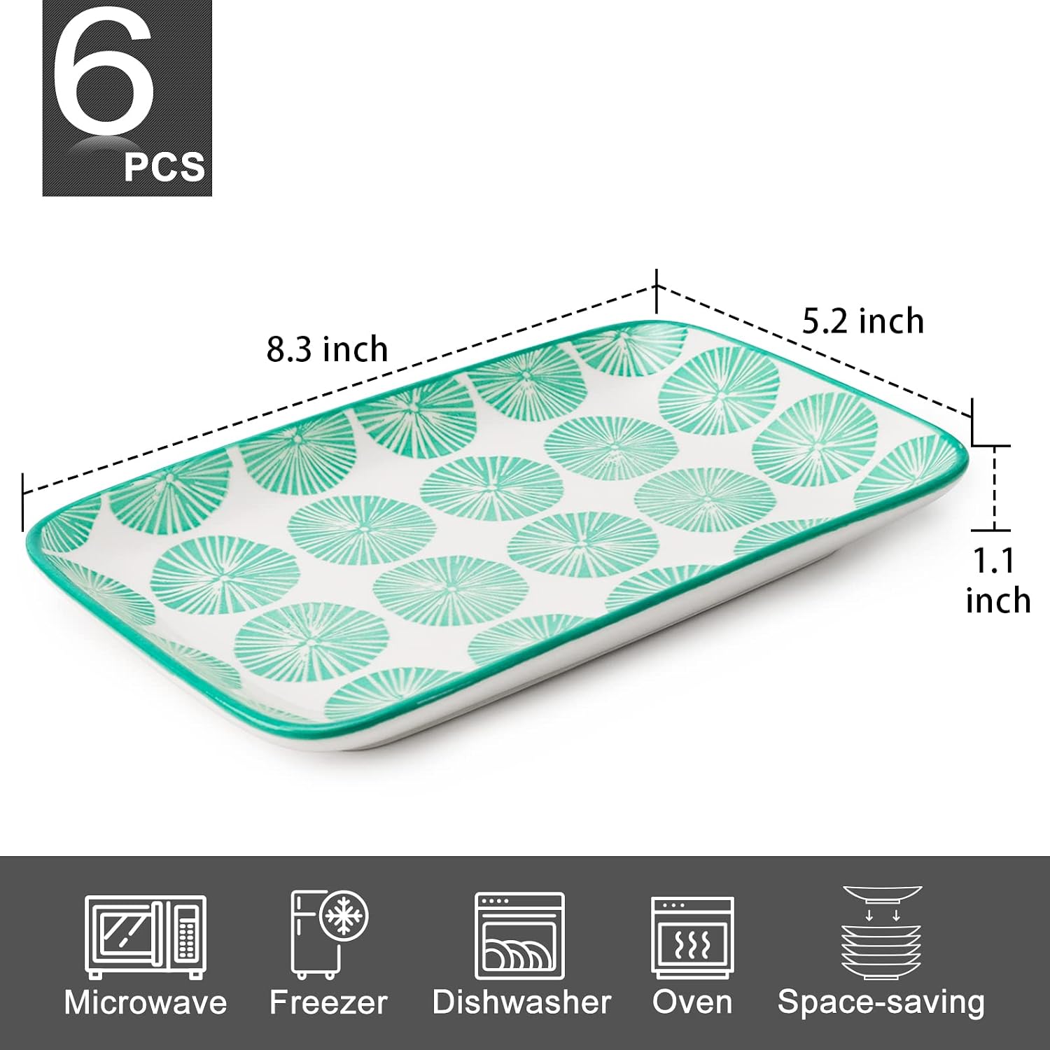 Rectangular Serving Platter, 8 inch Ceramic Dinner Plates Serving Trays Set of 6 for Salad, Appetizers, Sushi, Fruit, Microwave and Dishwasher Safe