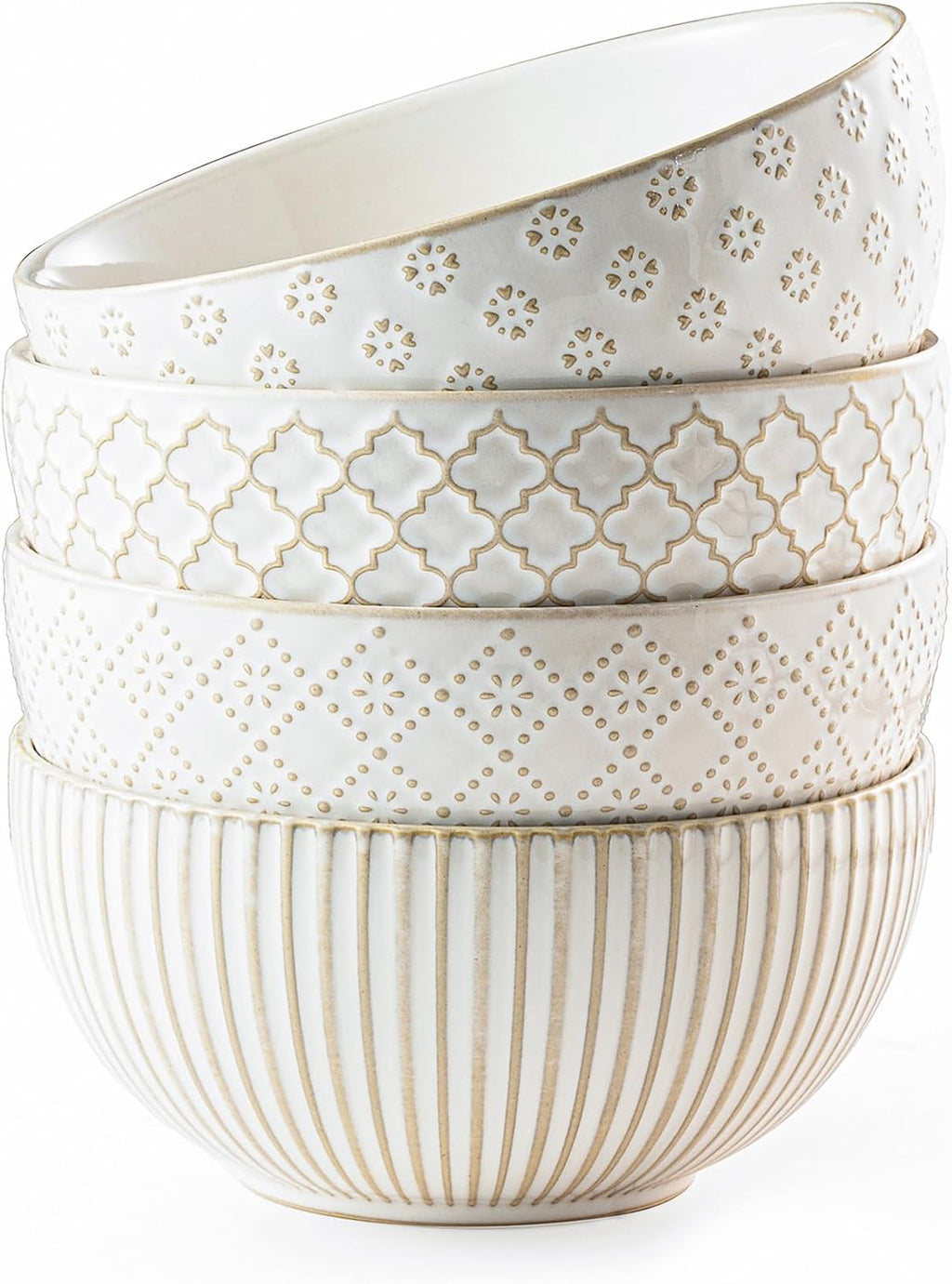 Ceramic Soup Bowls 30 OZ, Cereal Bowls Set of 4 for Kitchen, Stoneware Bowls with Embossment, Farmhouse Vintage Bowls for Cereal, Soup, Rice, Salad, Fruits, Arctic White