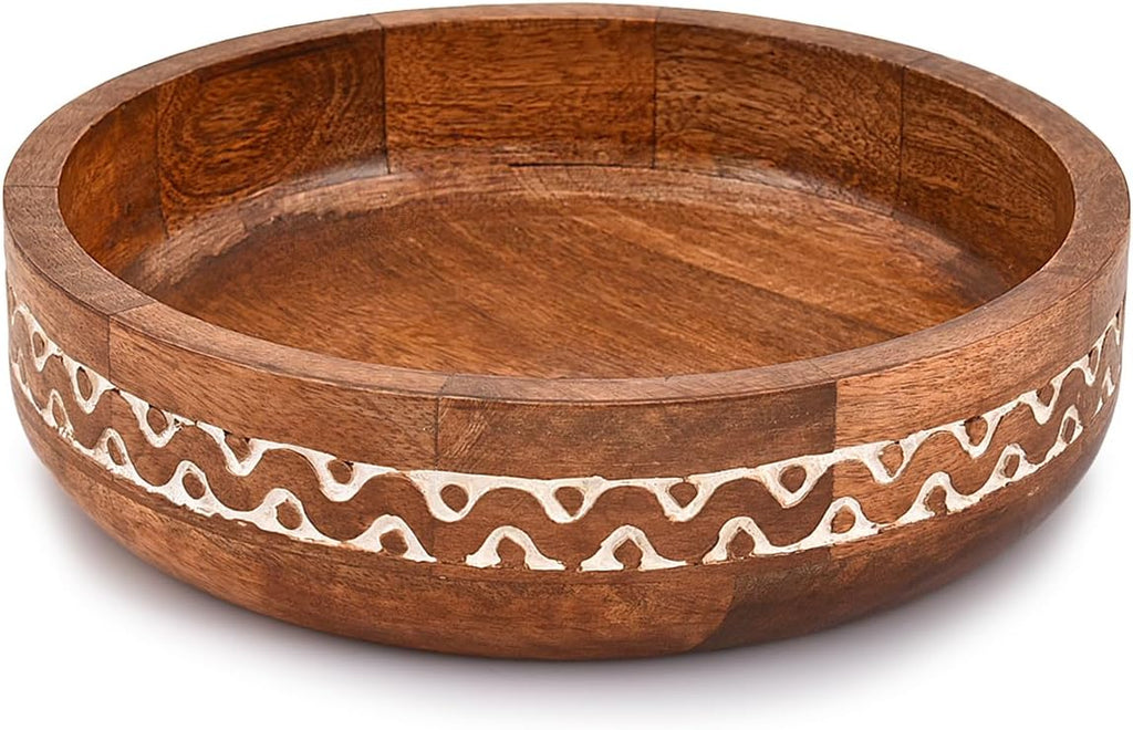 Mango Wood Round White Decorative Bowls for Rustic Home Decor Table Centerpieces Home Party Wedding Décor (10" x 10" x 2.5")