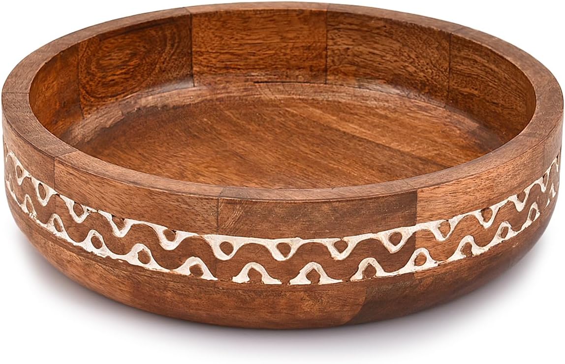 Mango Wood Round White Decorative Bowls for Rustic Home Decor Table Centerpieces Home Party Wedding Décor (10" x 10" x 2.5")