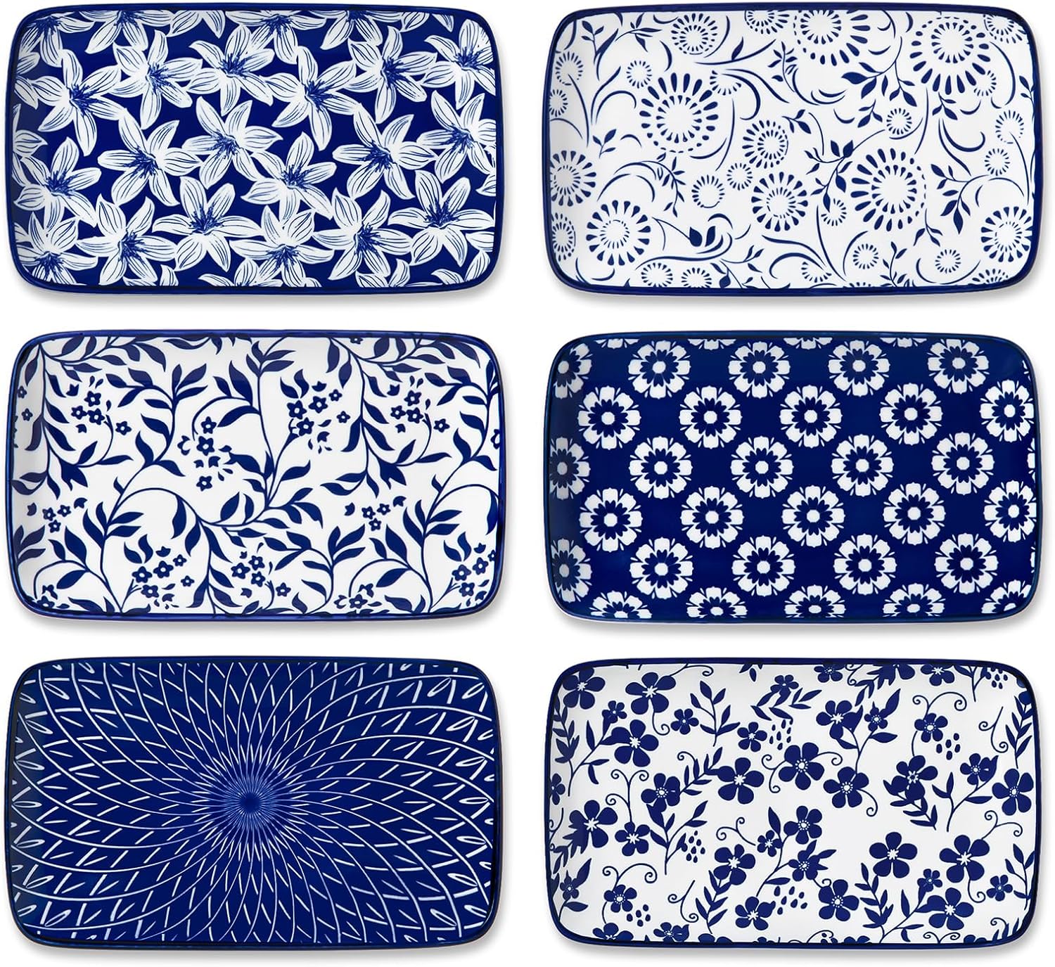 8.5 Inch Rectangular Salad Plates Set of 6, Ceramic Salad Plates for Sushi, Dessert, Appetizer, Porcelain Platters for Kitchen Decor, Microwave & Oven Safe, Vintage Blue & White Color