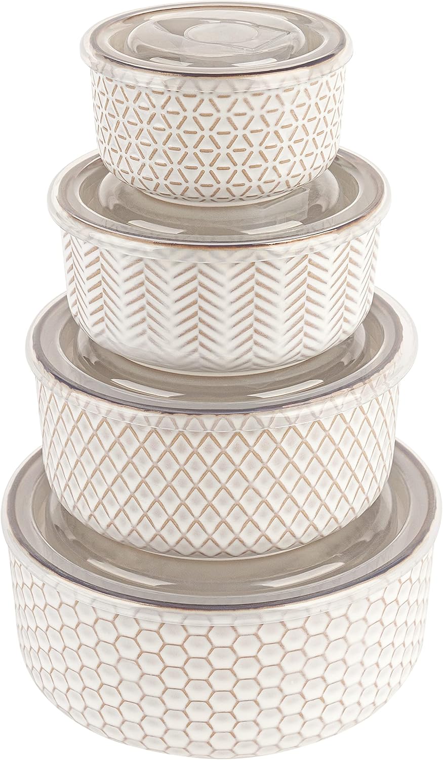 Ceramic Nesting Bowls, with Lids, Embossed, Food Storage Containers, Kitchen Bowl Set, Prep, Mixing and Serving, Housewarming Gift, Microwave and Dishwasher Safe, Ivory, Set of 4,