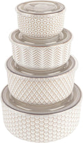 Ceramic Nesting Bowls, with Lids, Embossed, Food Storage Containers, Kitchen Bowl Set, Prep, Mixing and Serving, Housewarming Gift, Microwave and Dishwasher Safe, Ivory, Set of 4,
