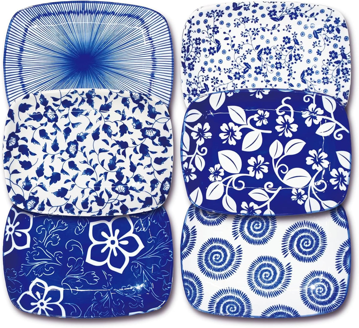 Japanese Ceramic 7.75 inch Rectangular Salad Plates Set of 6, Dessert Plates for Appetizer, Sushi, Pasta, Porcelain Plates for Kitchen, Microwave/oven/Dishwasher Safe, Vintage Blue, Gift Set