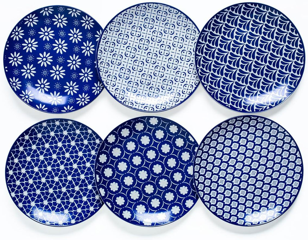 Porcelain Dinner Plates Set of 6, 8 Inch Ceramic Plates - Blue and White Vintage Design for Salad, Pasta, Steak - Scratch, Chip Resistant, Dishwasher & Microwave Safe