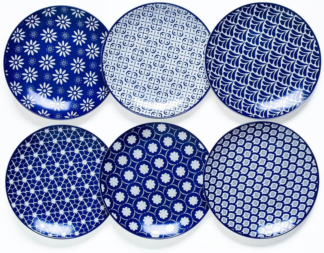 Porcelain Dinner Plates Set of 6, 8 Inch Ceramic Plates - Blue and White Vintage Design for Salad, Pasta, Steak - Scratch, Chip Resistant, Dishwasher & Microwave Safe