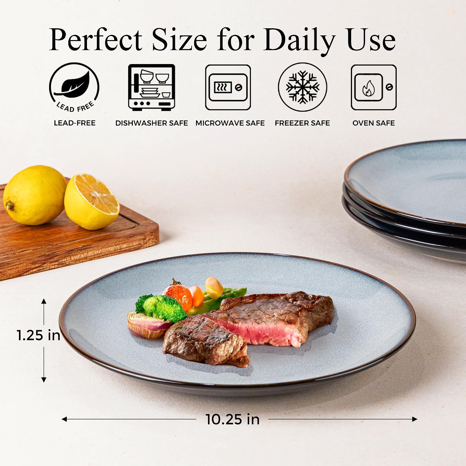 Ceramic Dinner Plates Set of 6, 10.5 Inch Handmade Reactive Glaze Porcelain Plates,  Shape Dinnerware Dishes Set for Kitchen,Oven& Microwave & Dishwasher Safe, Scratch Resistant-Gray Blue