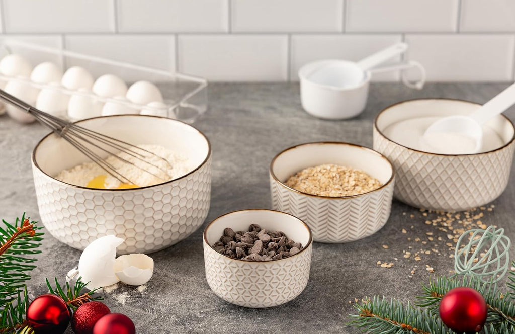 Ceramic Nesting Bowls, with Lids, Embossed, Food Storage Containers, Kitchen Bowl Set, Prep, Mixing and Serving, Housewarming Gift, Microwave and Dishwasher Safe, Ivory, Set of 4,
