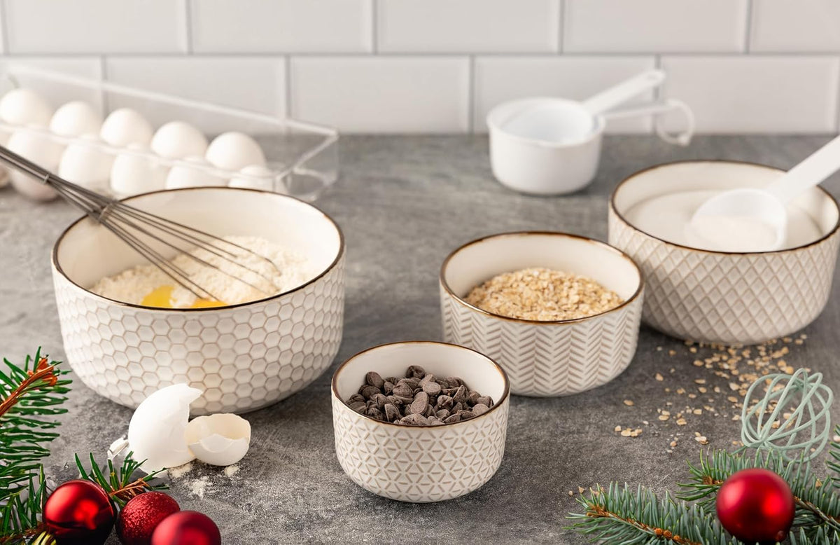 Ceramic Nesting Bowls, with Lids, Embossed, Food Storage Containers, Kitchen Bowl Set, Prep, Mixing and Serving, Housewarming Gift, Microwave and Dishwasher Safe, Ivory, Set of 4,