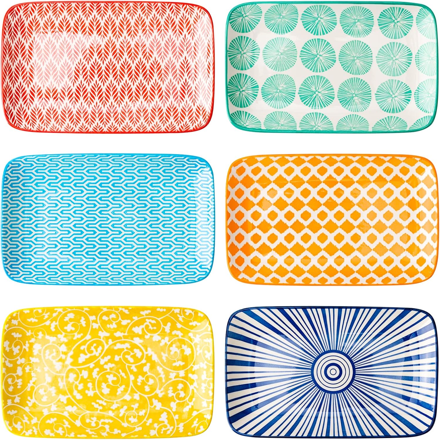 Rectangular Serving Platter, 8 inch Ceramic Dinner Plates Serving Trays Set of 6 for Salad, Appetizers, Sushi, Fruit, Microwave and Dishwasher Safe